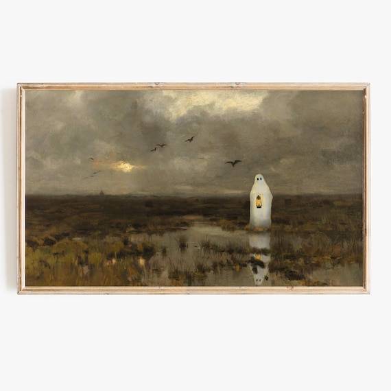 Halloween Vintage Ghost Painting, Spooky Landscape
