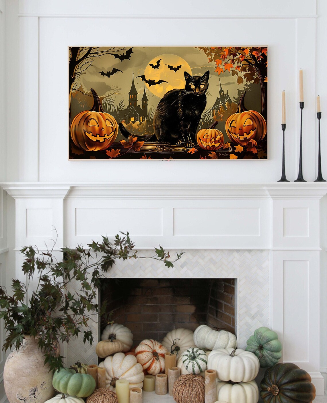 Halloween Black Cat Vintage Classic Art Print - Image 2