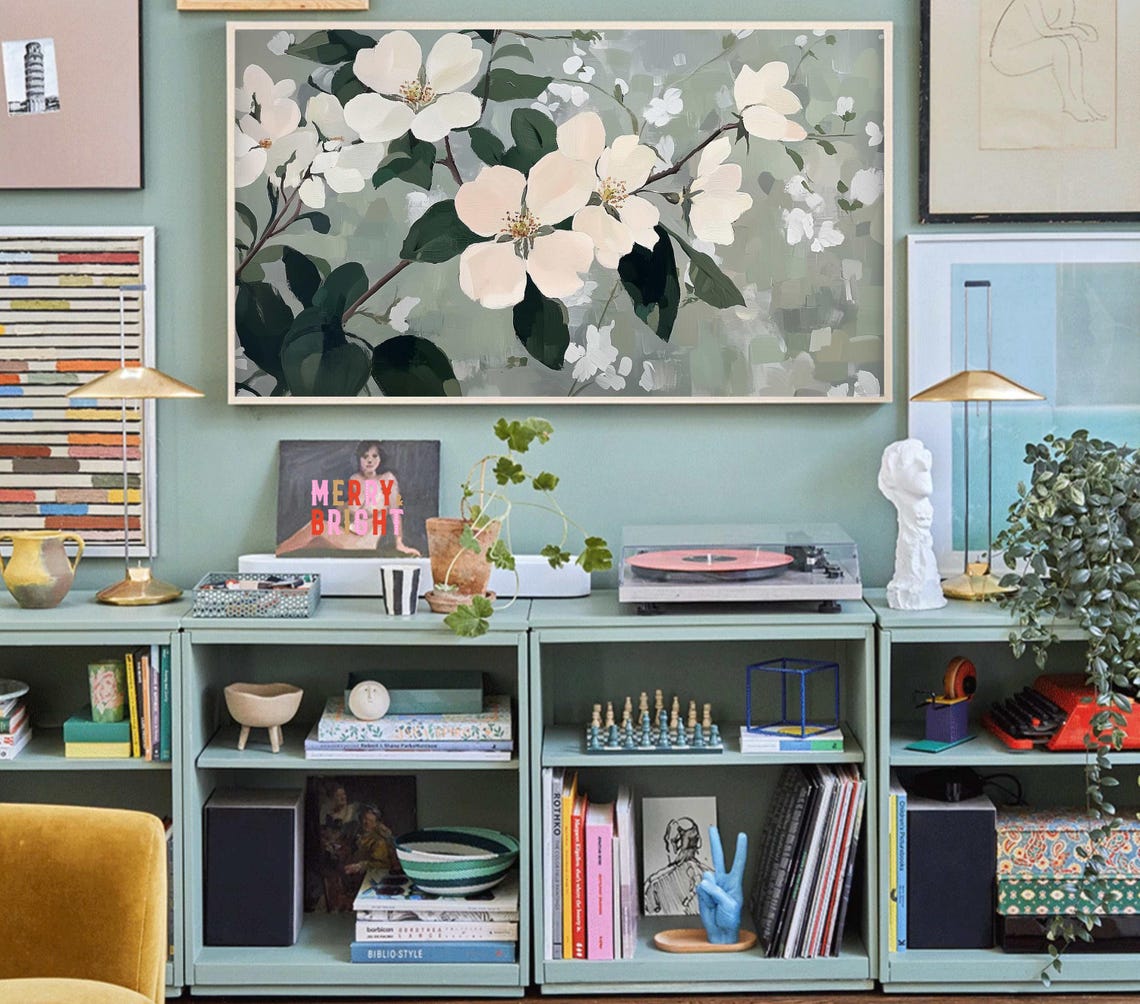 White Cherry Blossom Branch Sage Green Floral Painting Poster - Image 3