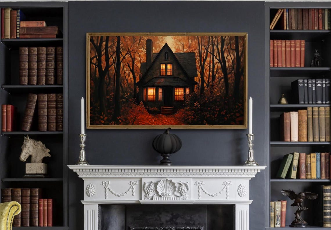Haunted Cottage With Glowing Windows Autumn Woods Fall Night Poster - Image 3