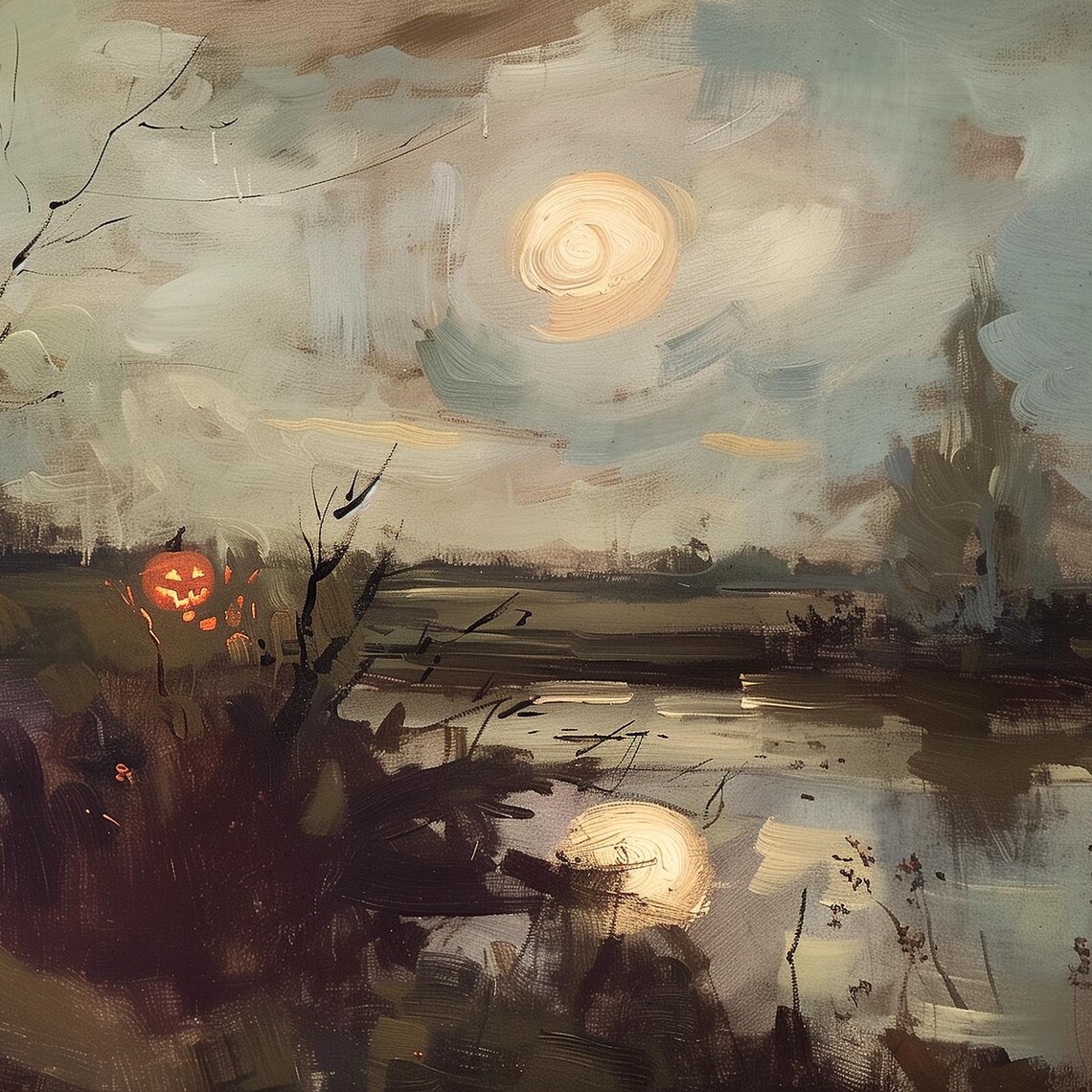 Jack O Lantern Halloween Spooky Night Landscape Art Print - Image 2