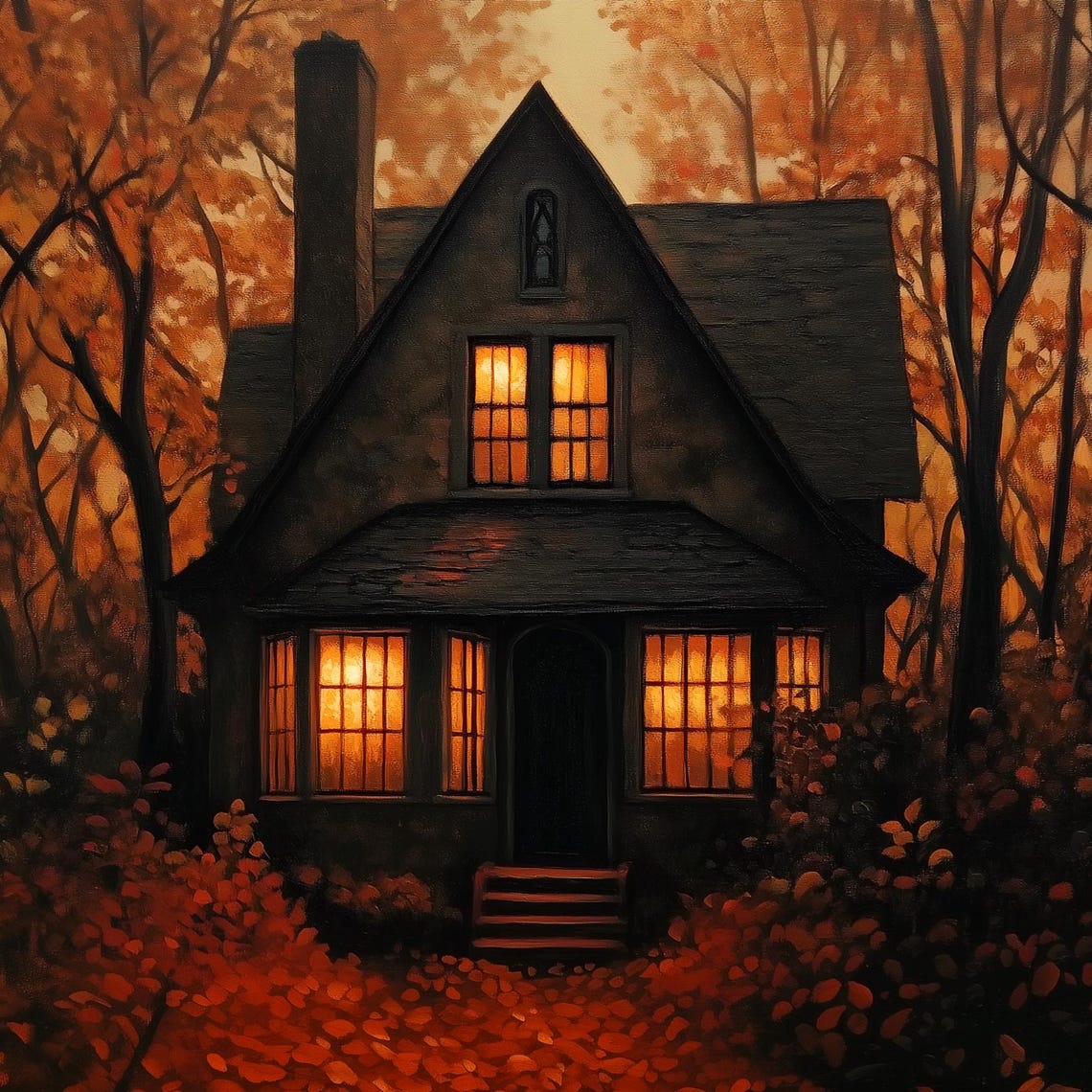 Haunted Cottage With Glowing Windows Autumn Woods Fall Night Poster - Image 2