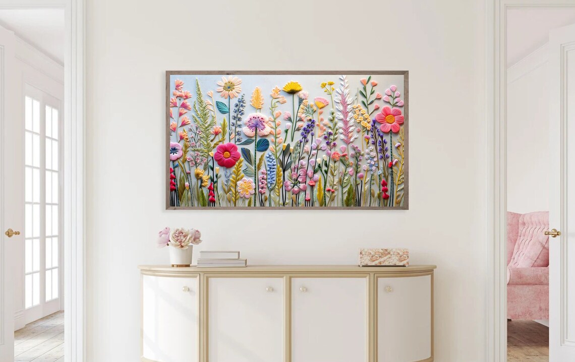 Spring Wildflower Floral Embroidery Art Print - Image 3