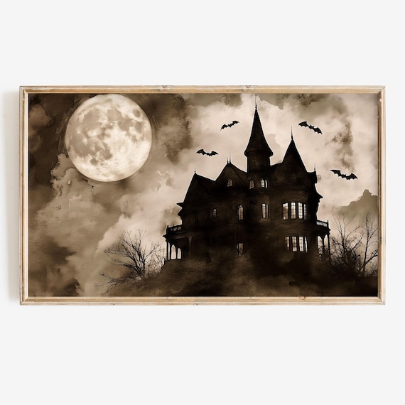 Sepia Haunted Mansion Full Moon Bats Misty Halloween Night Poster