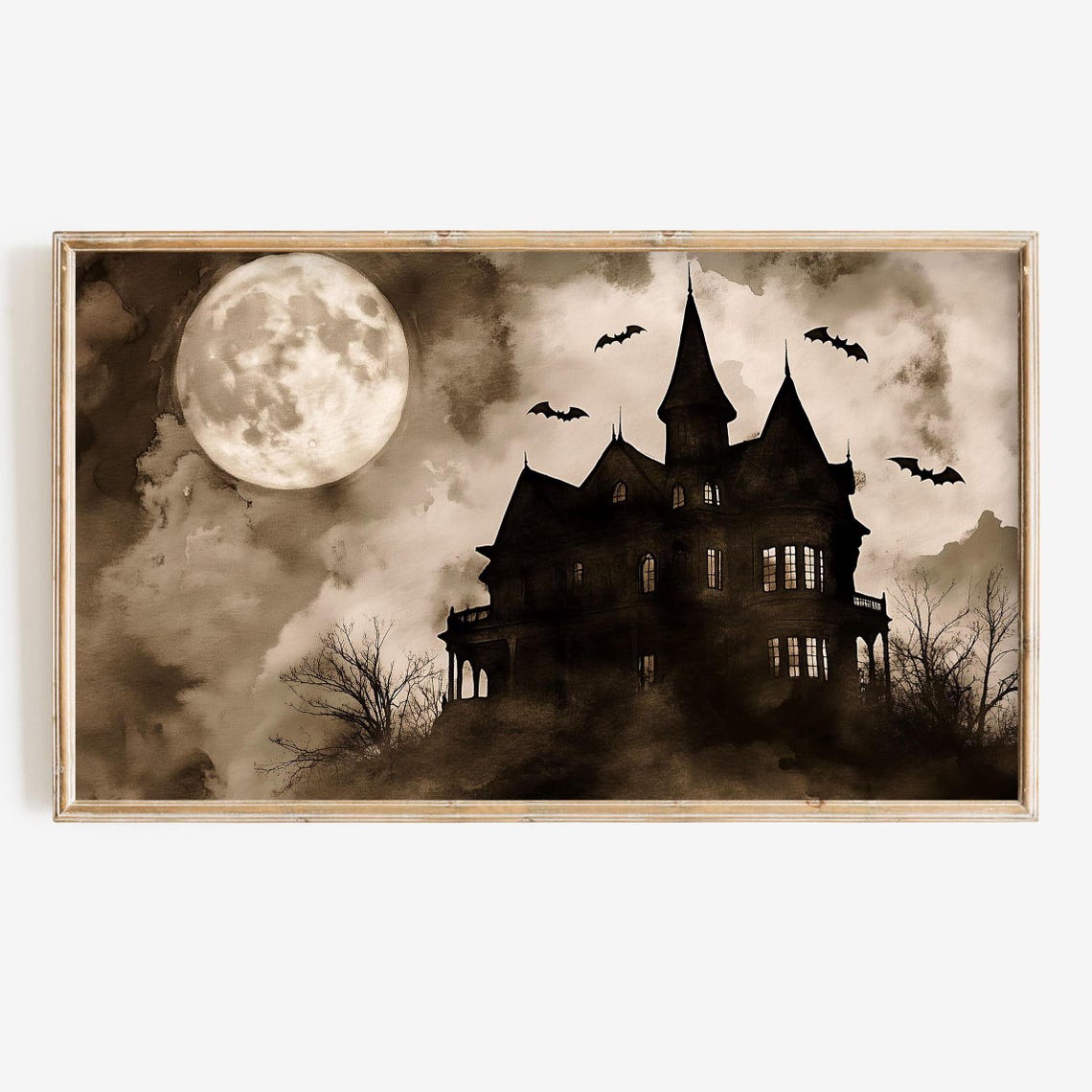 Sepia Haunted Mansion Full Moon Bats Misty Halloween Night Poster