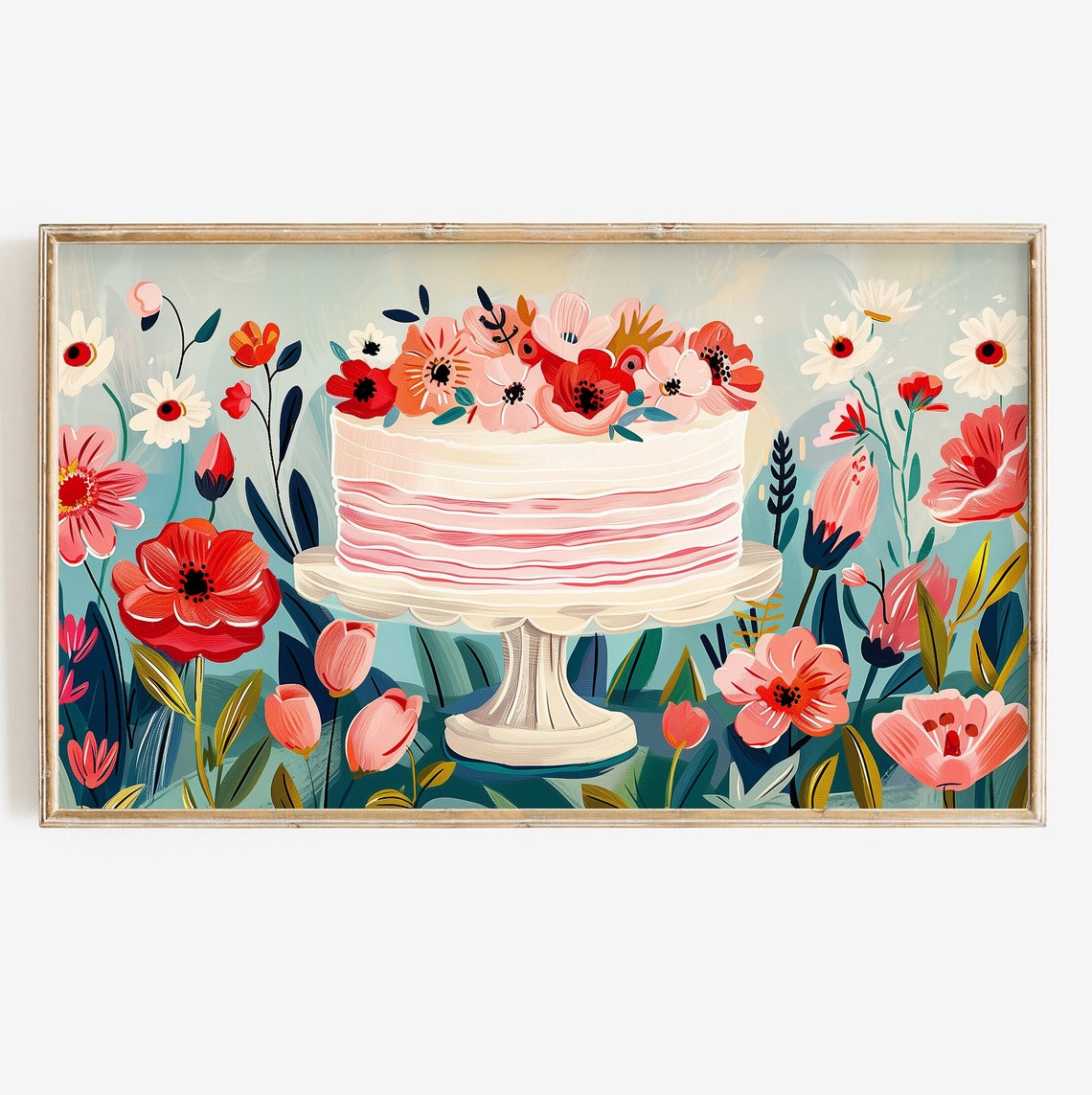 Floral Birthday Cake Stand Coral Blossoms Celebration Art Poster