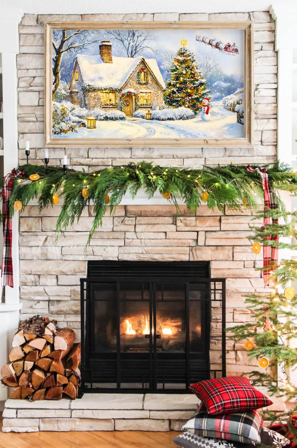 Cozy Christmas Cottage Snowy Village Tree Santa Sleigh Holiday Poster - Image 3