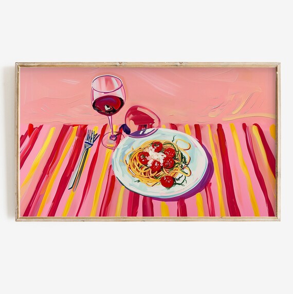 Colorful Spaghetti and Wine Still Life Art Print