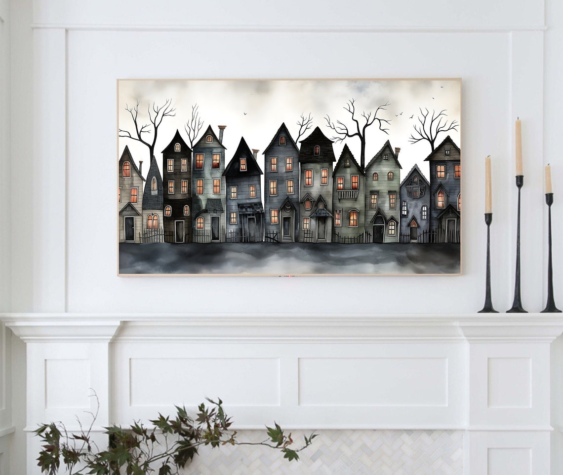 Whimsical Haunted Houses Row Glowing Windows Spooky Night Poster - Image 3