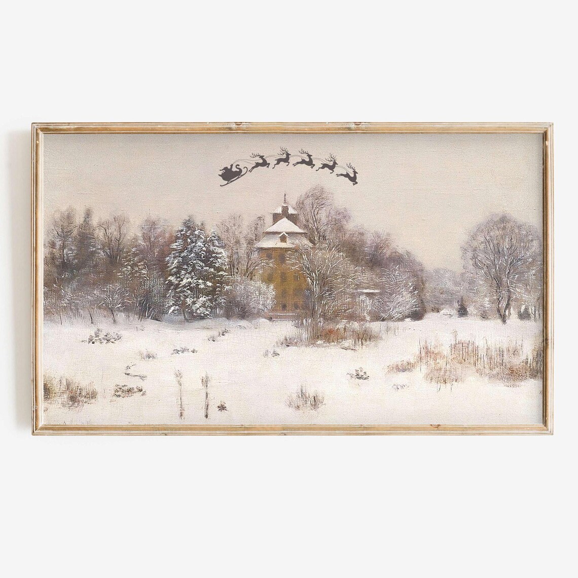Vintage Winter Manor Santa Sleigh Silhouette Snowy Sky Painting Poster