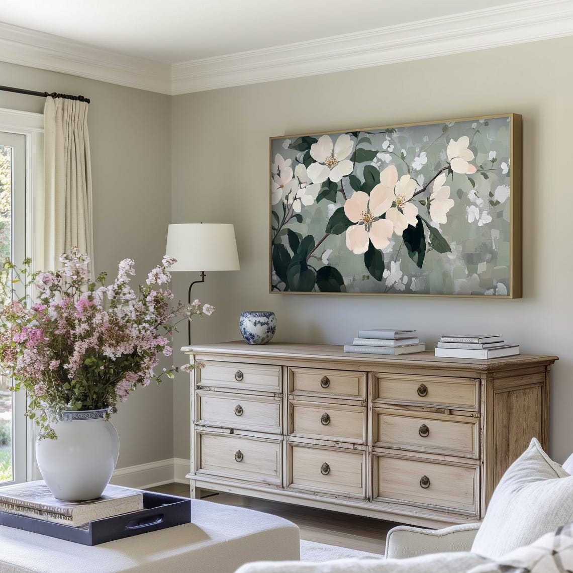 White Cherry Blossom Branch Sage Green Floral Painting Poster - Image 5