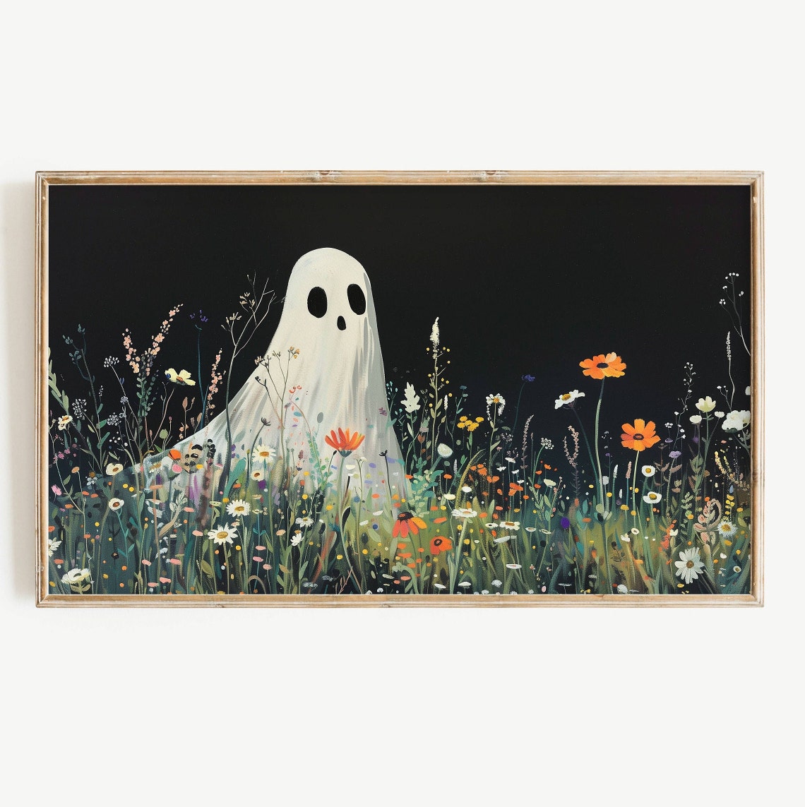 Halloween Frame Tv Art Cute Ghost Wildflower Painting Botanical Floral Cottagecore Boho Tv Art