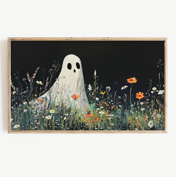 Cute Ghost Wildflower Meadow Night Colorful Botanical Art Poster