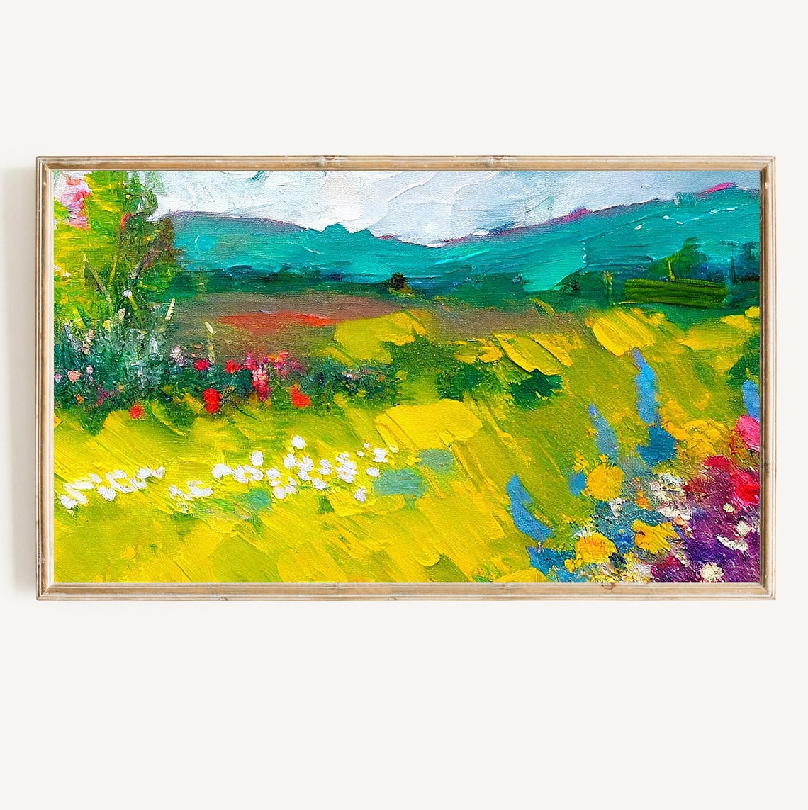 Bright Impressionist Wildflower Meadow Teal Hills Textured Poster