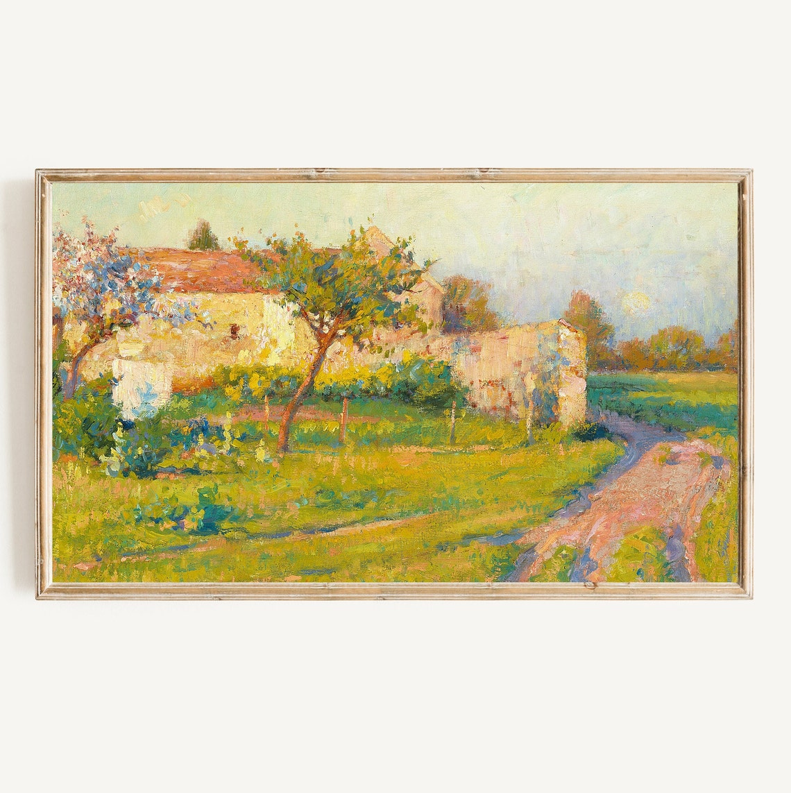 Vintage Farmhouse Blossom Trees Country Lane Impressionist Poster