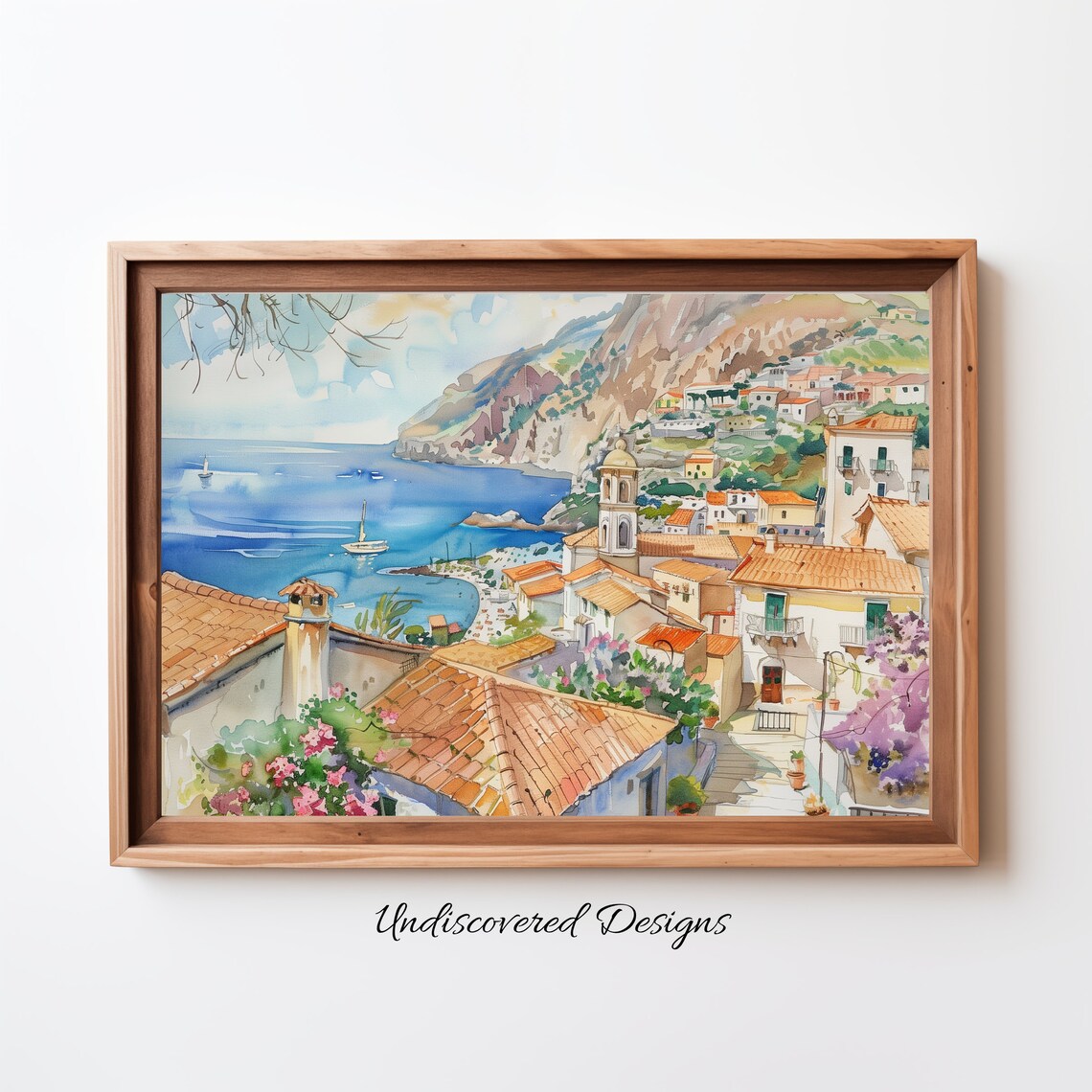 Luminous Watercolor Mediterranean Village Above a Blue Bay Poster