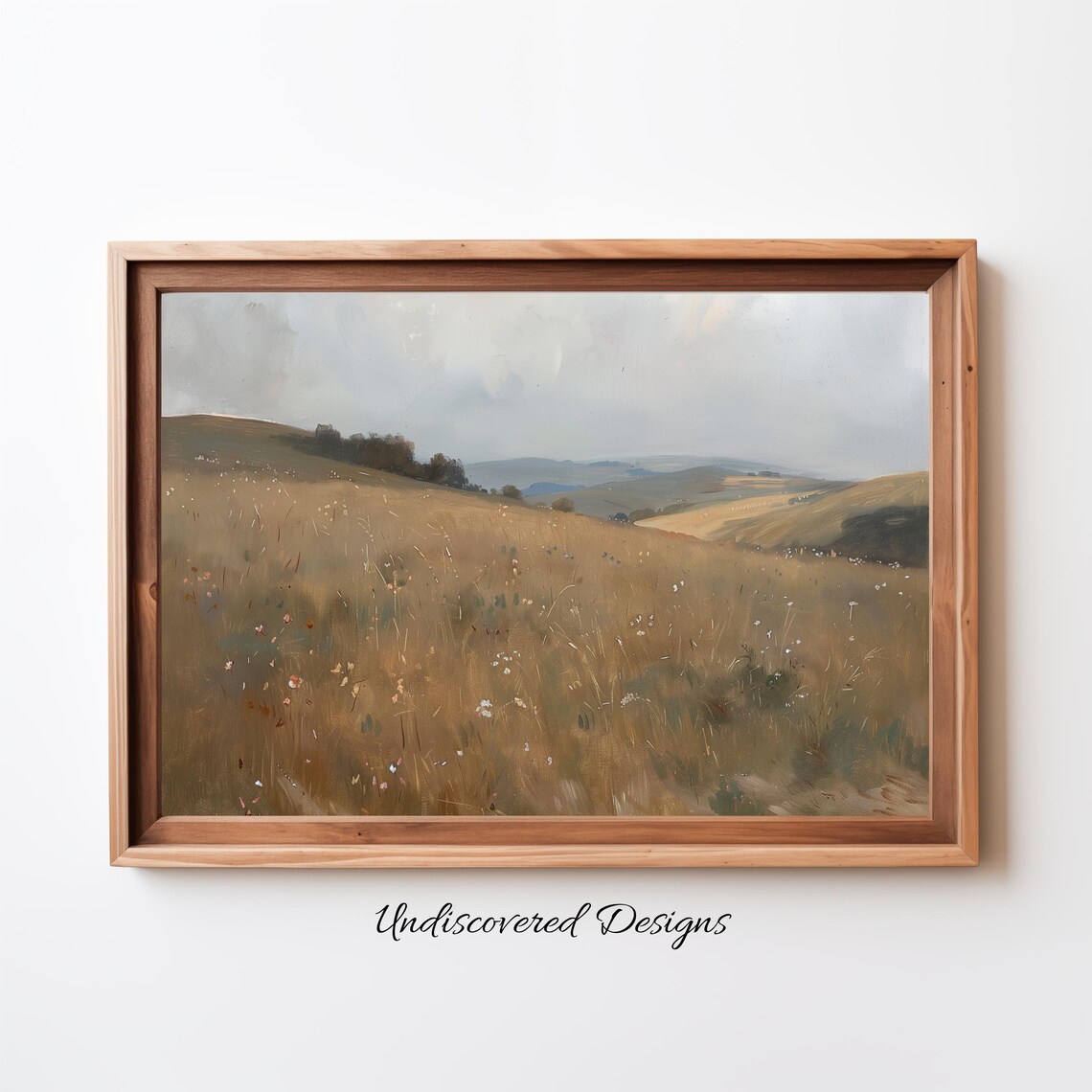 Misty Autumn Hillside Oil Painting Golden Grass Wildflowers Poster