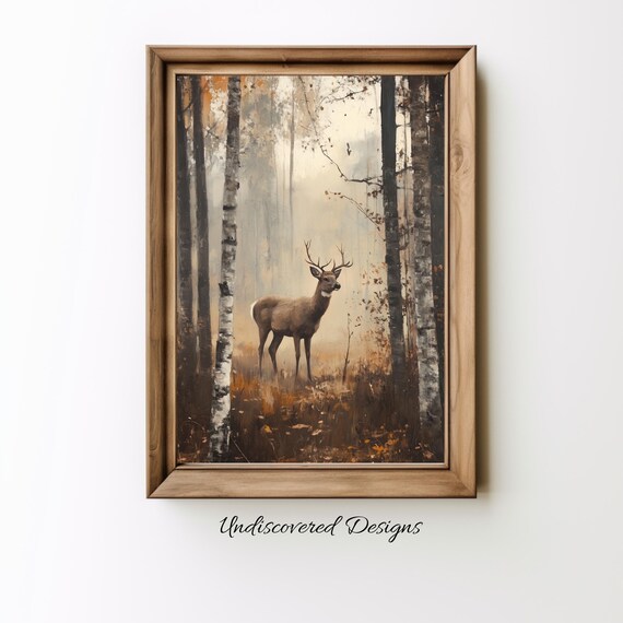 Vintage Deer In Woods Art Print Rustic Oil Painting Style
