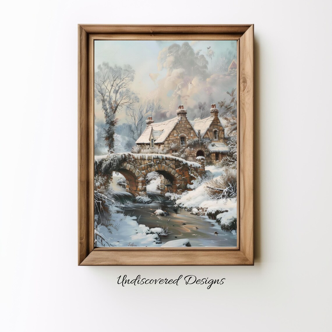 Snowy Stone Cottage Winter Bridge Vintage Oil Painting Poster