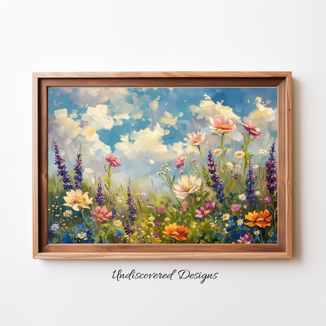 Vibrant Wildflower Meadow Blue Sky Summer Landscape Oil Painting Print