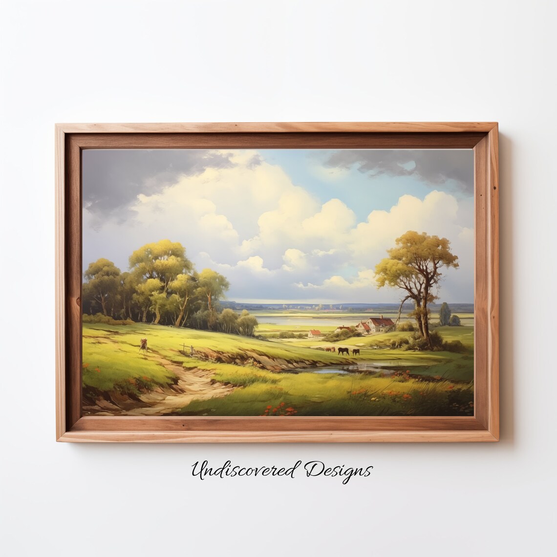 Green Farm Valley With Grazing Horses And Cottages Vintage Wall Art