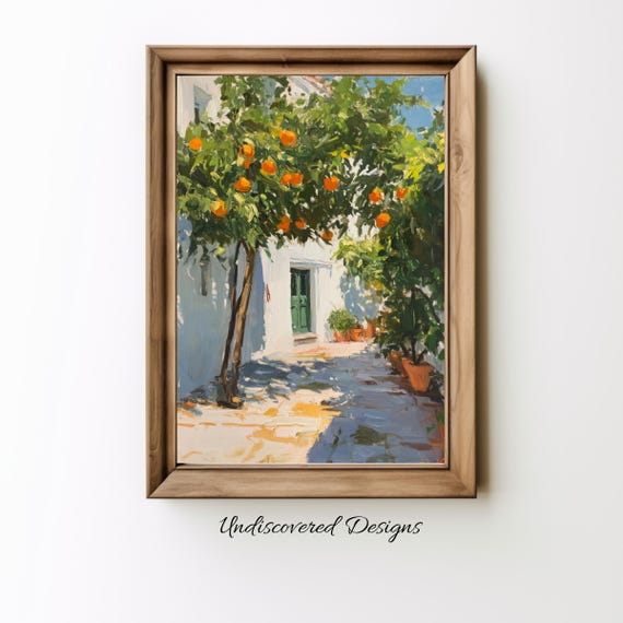 Vintage Orange Tree Courtyard Oil Painting Art Print