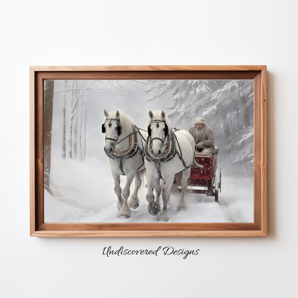 Two White Horses Pulling Red Sleigh Through Snowstorm Poster