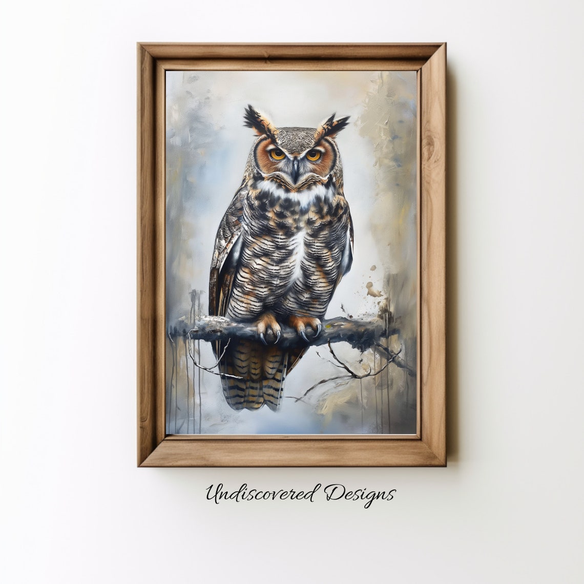 Great Horned Owl Perched Oil Painting Wildlife Bird Art Poster