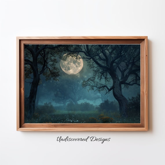 Spooky Halloween Art Oak Forest Full Moon Vintage Oil Painting Print