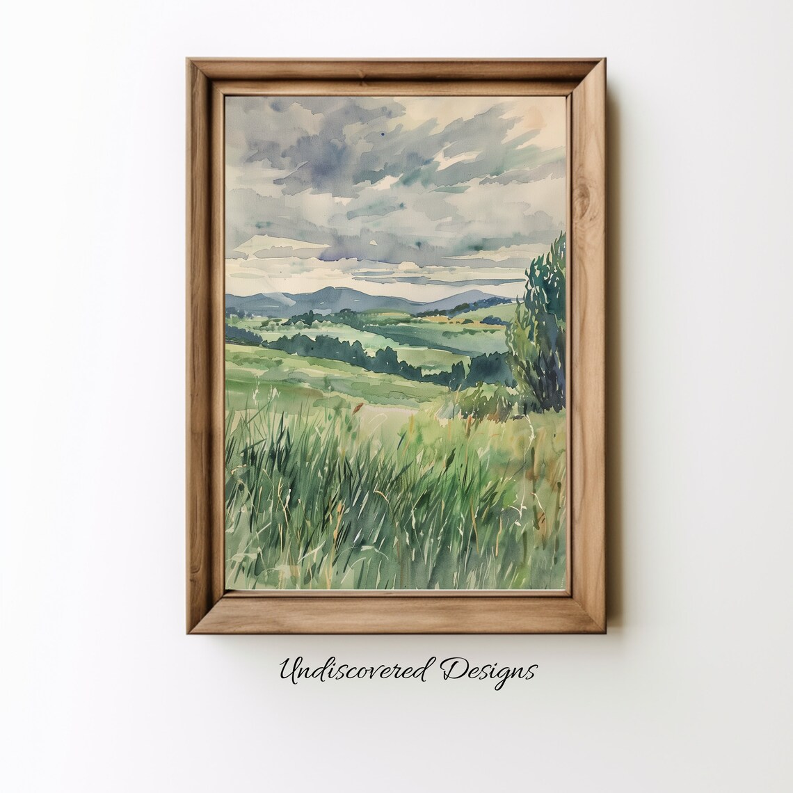 Green English Countryside Meadow Rolling Hills Watercolor Poster