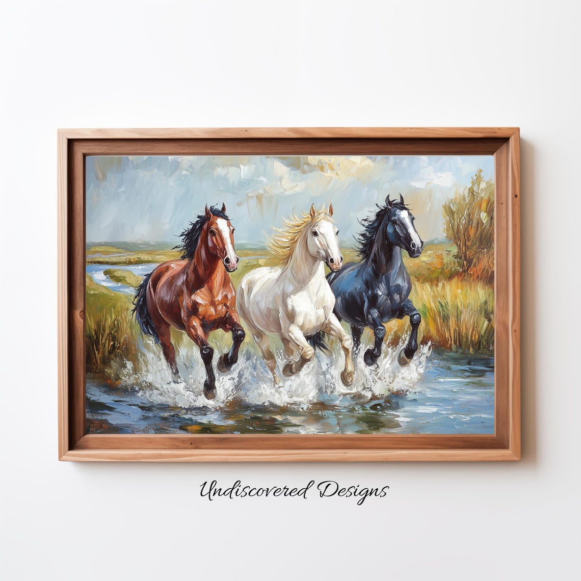 Three Horses Galloping Through Water Oil Painting Equine Art Poster