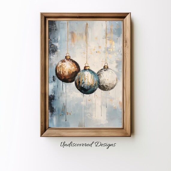 Hanging Christmas Ornaments Gold Navy Silver Vintage Holiday Poster