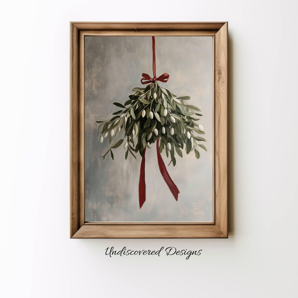 Hanging Mistletoe Bunch with Red Ribbon Vintage Oil Painting Poster