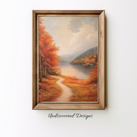Autumn Lake Landscape Oil Painting Fall Path Rustic Decor Poster