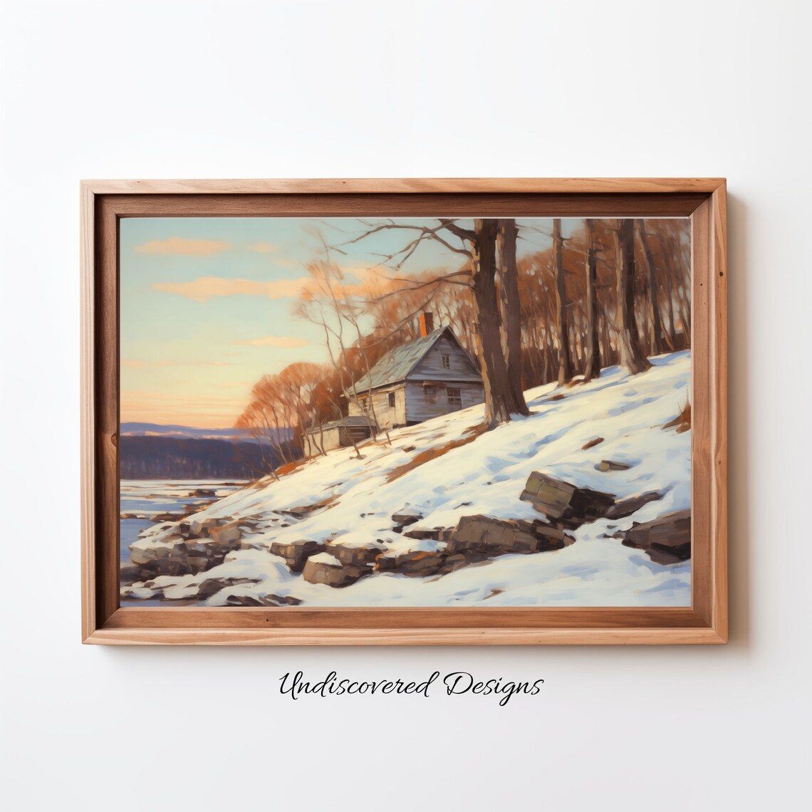 Snowy Hillside Cabin At Sunset Winter Landscape Painting Poster