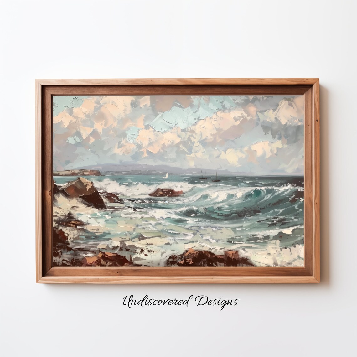 Vintage Rocky Ocean Waves With Distant Sailing Boats Art Poster