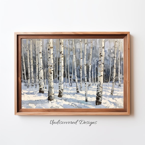 Sunlit Snowy Birch Forest In Winter White Oil Painting Wall Art