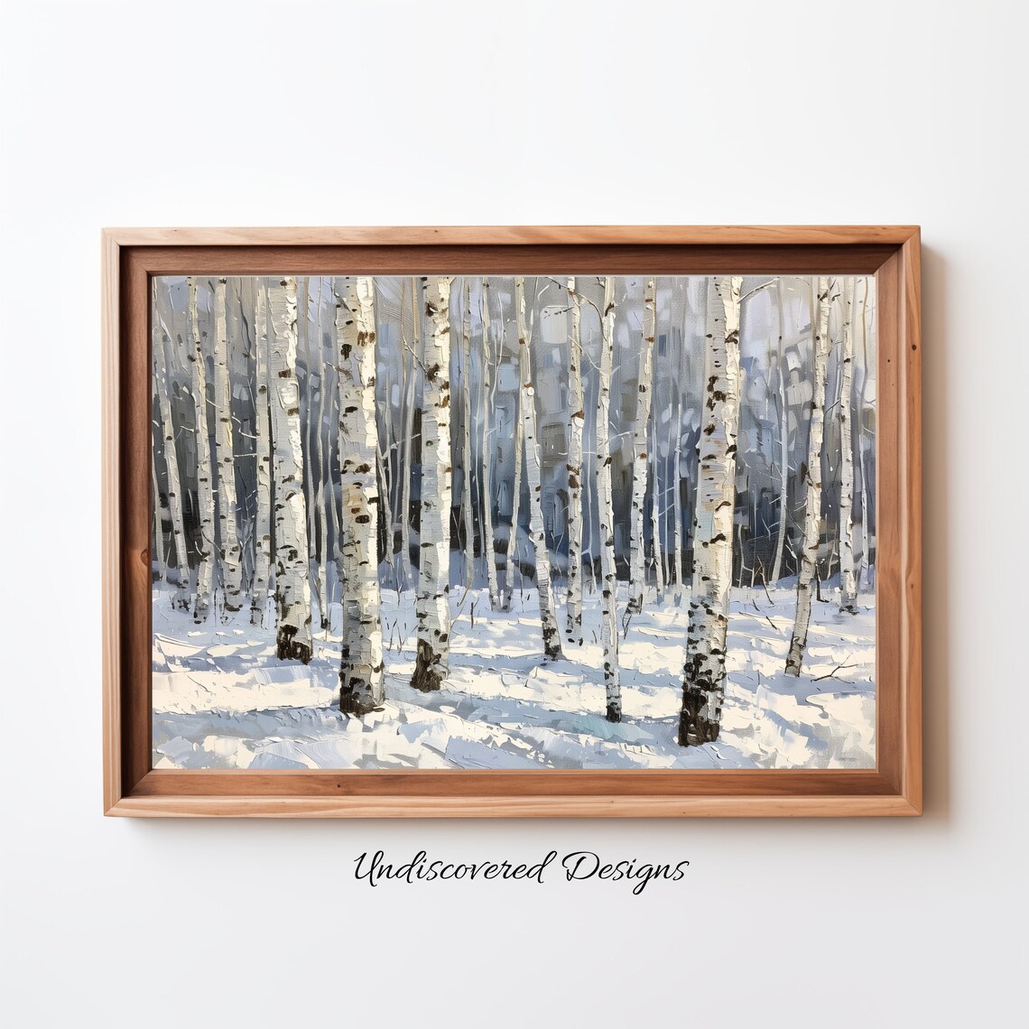 Sunlit Snowy Birch Forest In Winter White Oil Painting Wall Art