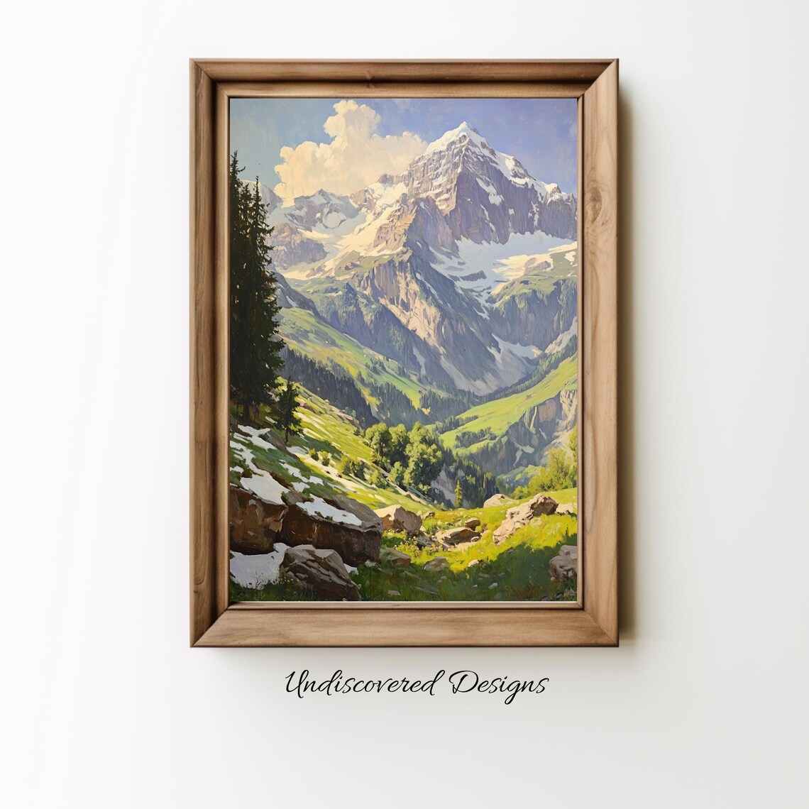 Swiss Mountain Peak Valley Snowy Landscape Oil Painting Poster