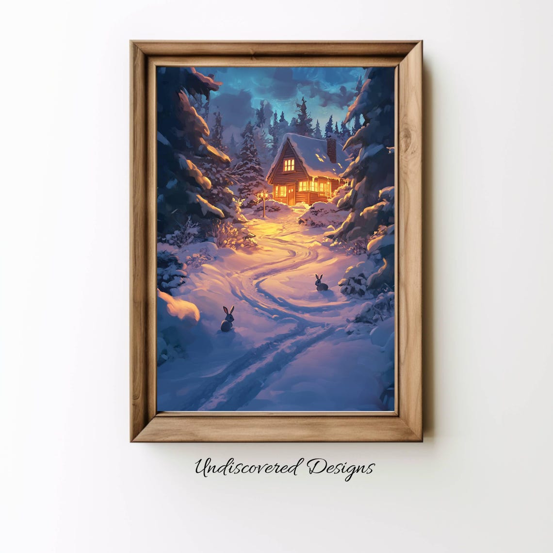 Winter Cabin At Night Glowing Lights Rabbits Snow Art Poster