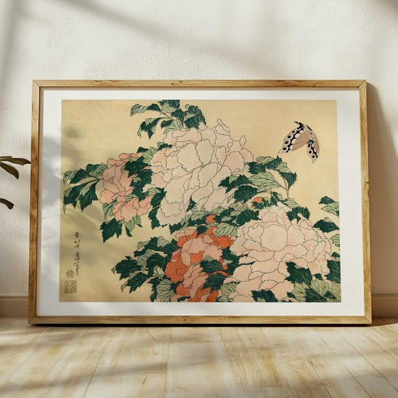 Katsushika Hokusai Peonies And Butterfly, Ukiyo-E Art Print