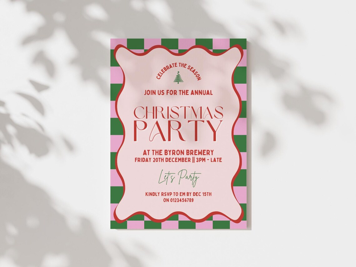 Wavy Border Christmas Party Invitation Card Pink Green Holiday Poster