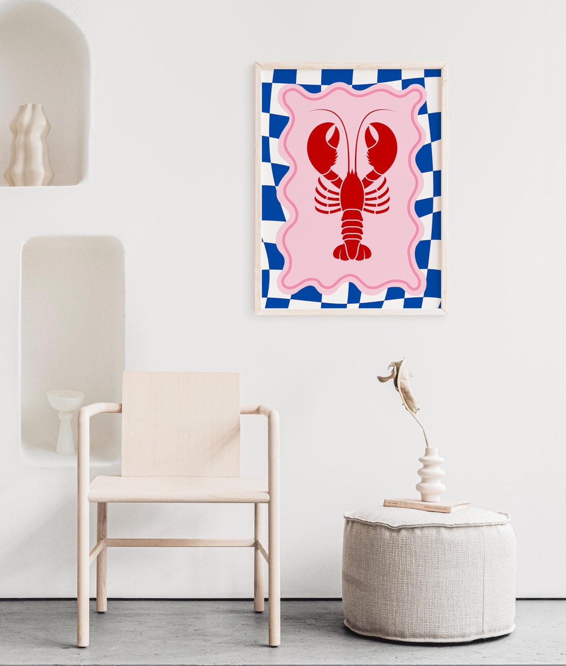 Red Lobster Pink Blue Checkered Coastal Kitchen Wall Decor Poster - Image 3