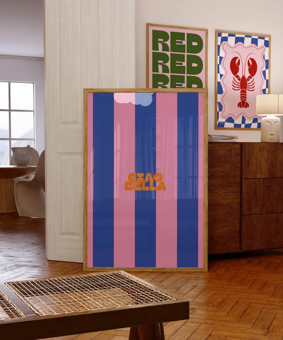 Ciao Bella Striped Blue Pink Bold Retro Italian Typography Poster