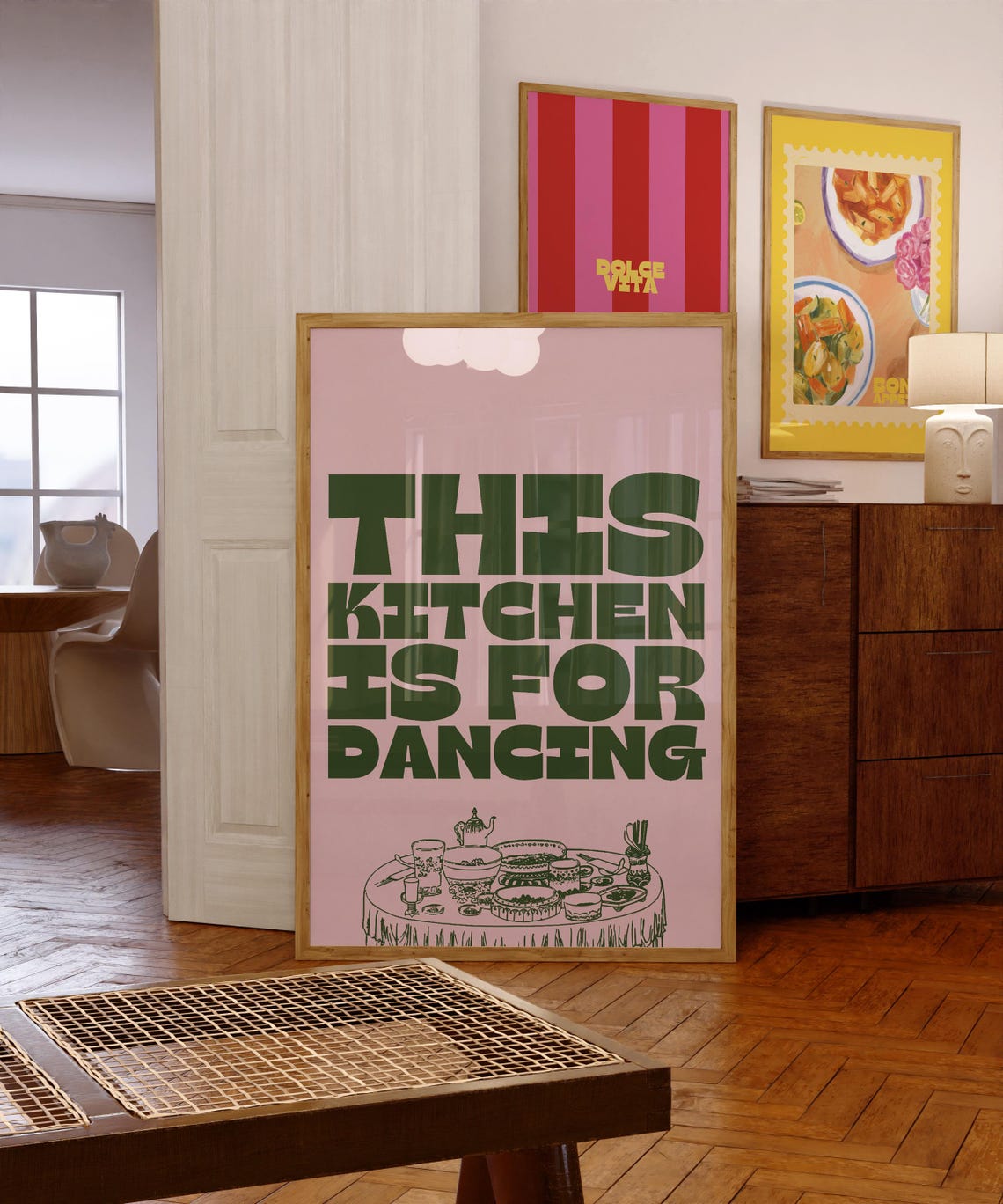 This Kitchen Is For Dancing Green Pink Retro Typography Poster