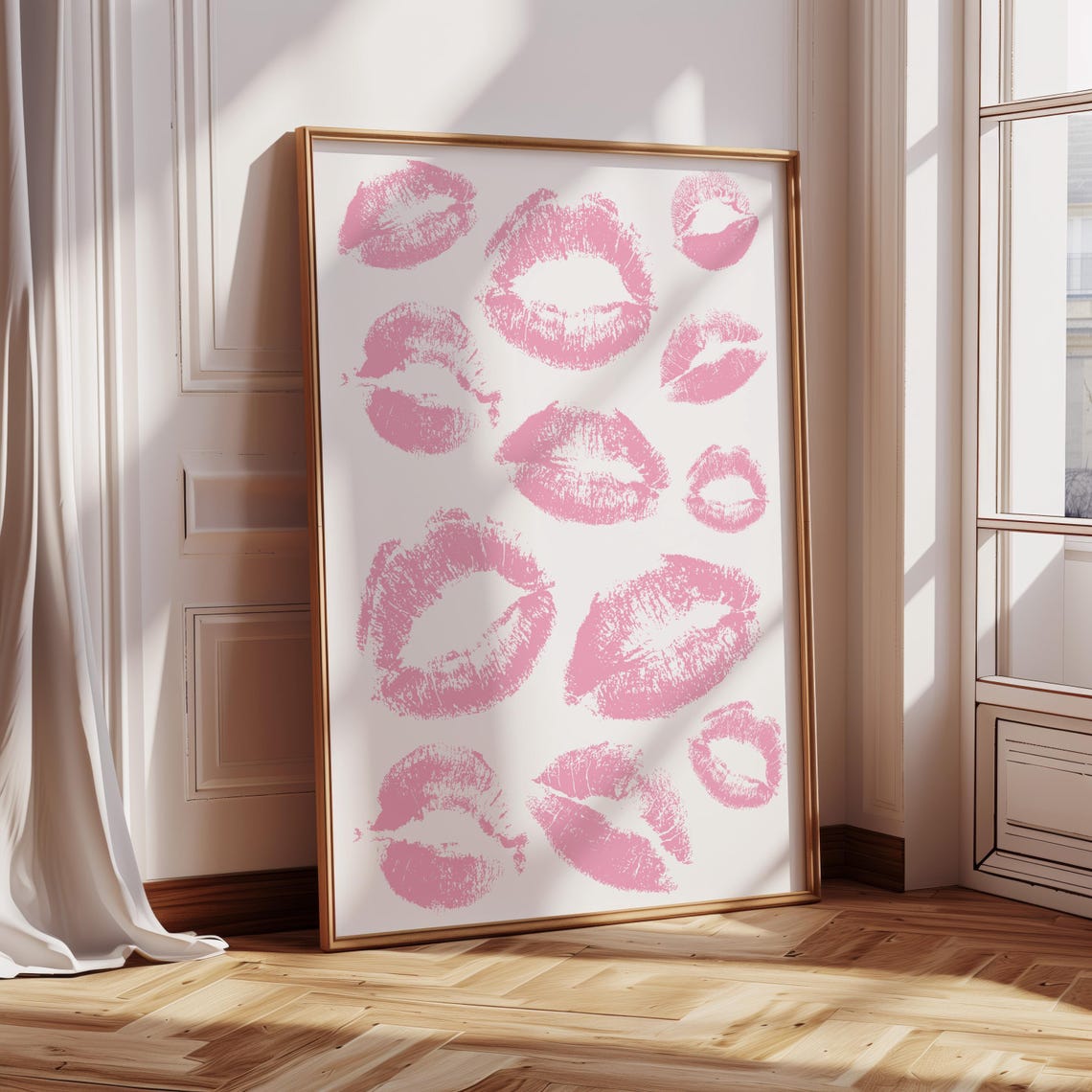 Pink Lipstick Kisses Pattern Preppy Retro Girly Room Wall Poster - Image 2
