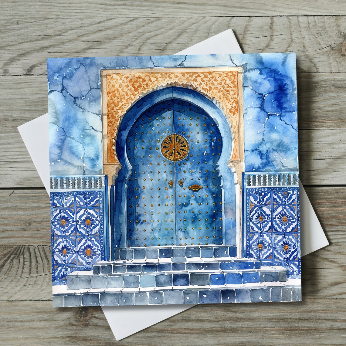Watercolor Blue Moroccan Door Boho Wall Art Print - Image 2