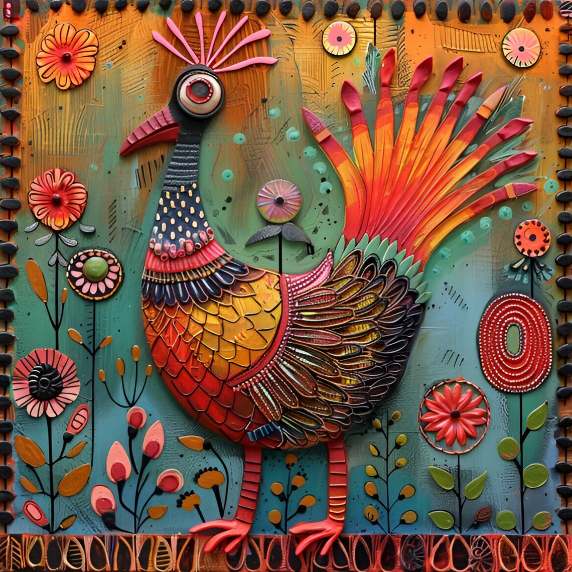 Whimsical Rooster Folk Art Kitchen Decor Print - Image 4
