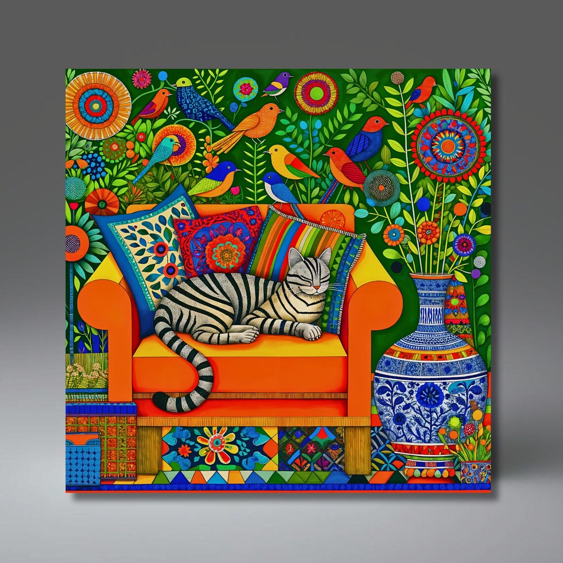Mexican Folk Art Ceramic Tile, Cat Lover Boho Wall Art Print