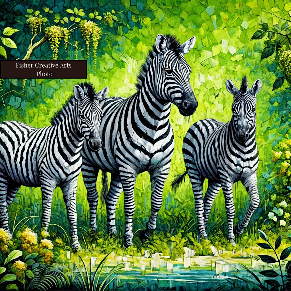 Three Zebras in Lush Green Jungle Impressionist Art Wall Art - Image 3
